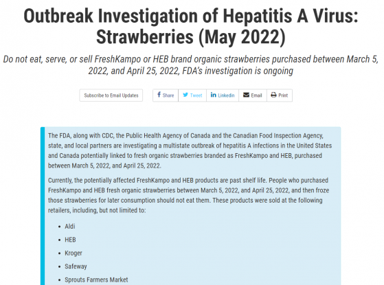 美国和加拿大多地爆发甲肝感染 FDA称可能与有机草莓有关