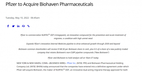 辉瑞再度启动“买买买”模式 斥资116亿美元收购偏头痛药厂Biohaven