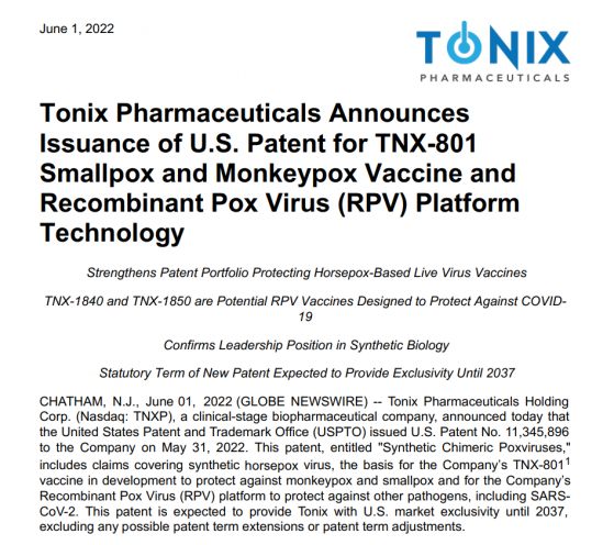 “复活天花近亲属病毒”获颁专利 美股疫苗公司Tonix暴涨近70%