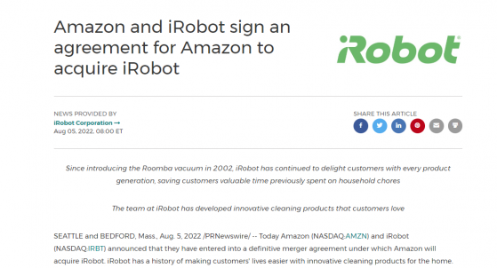 全球扫地机器人龙头抱上大腿 亚马逊宣布17亿美元收购iRobot