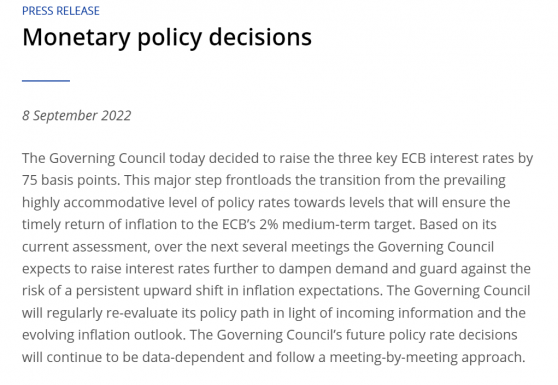 欧央行利率决议：历史性加息75个基点 大幅上修通胀预期