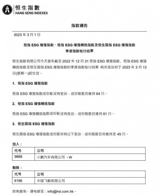 恒指公司：恒生国指ESG增强指数新纳入小鹏汽车-W(09868)