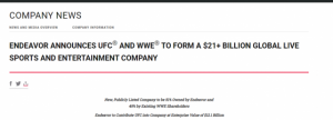 Read more about the article 新娱乐巨头诞生了！世界摔跤娱乐WWE和综合格斗UFC母公司将合并 提供者 财联社