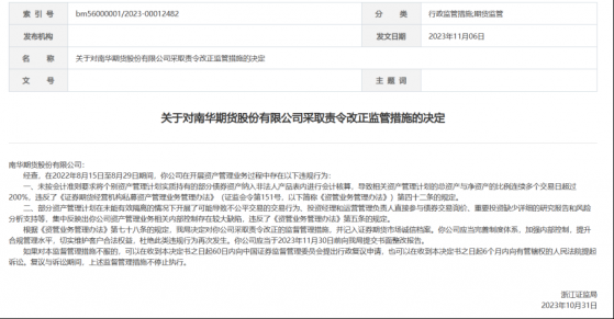 南华期货收罚单：事起资管计划未有效隔离、未按会计准则要求核算，年内还背另一罚单