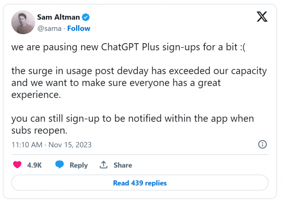 OpenAI为应对巨大需求暂停其付费ChatGPT Plus服务新用户注册