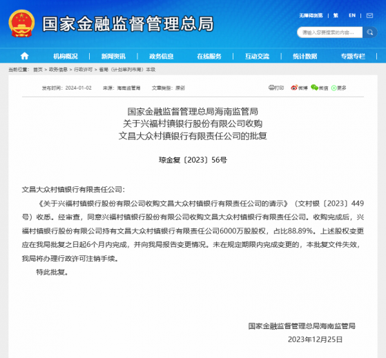 又见投资管理型村行收购！常熟银行旗下兴福村镇银行开年再添两名“小伙伴”，去年曾多次出手